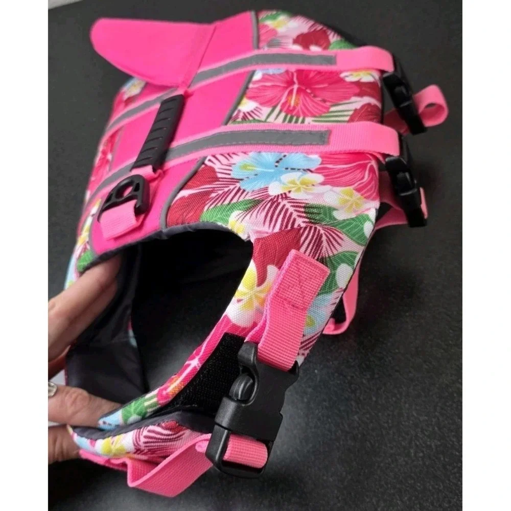 New Shark Dog Life Jacket Buoyancy Rescue Handle Adjustable PINK HAWAIIAN Swim
